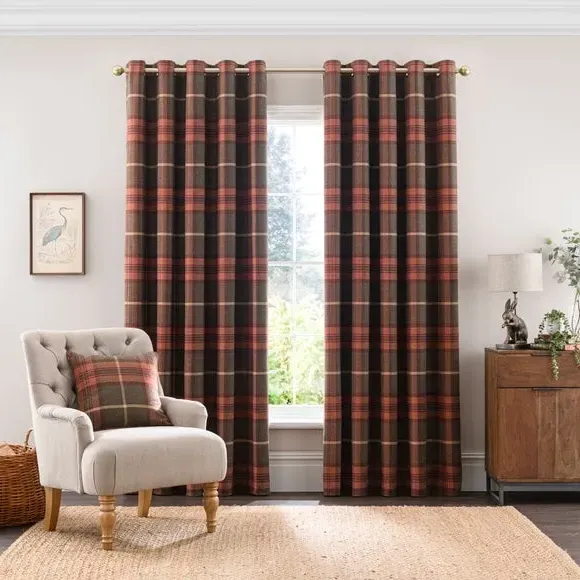 Eyelet Curtains with Check Pattern - Orange