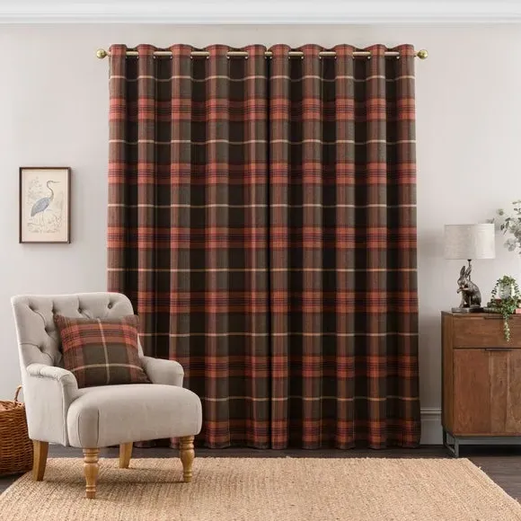 Eyelet Curtains with Check Pattern - Orange