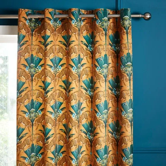 Eyelet Curtains with Cheetah Print - Gold, Polyester