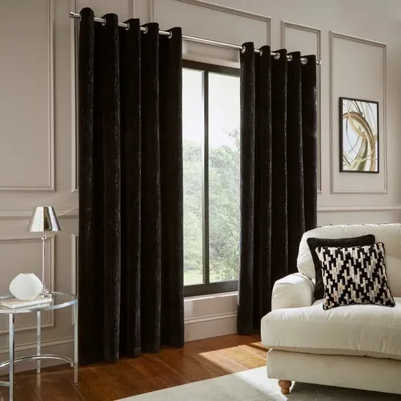 Eyelet Curtains with Cut Velvet - Black, Velvet