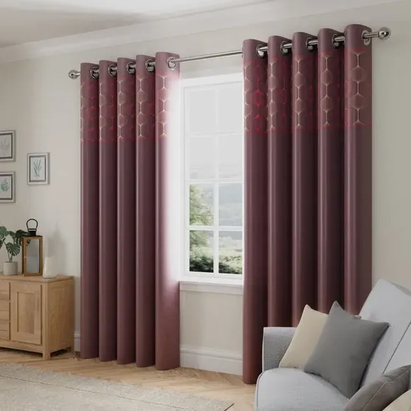 Eyelet Curtains with Embroidered Border - Aubergine