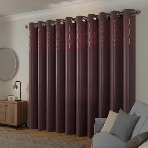Eyelet Curtains with Embroidered Border - Aubergine