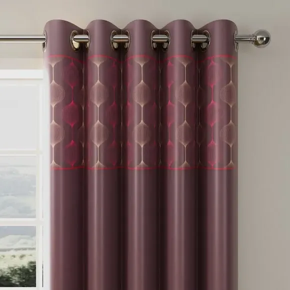 Eyelet Curtains with Embroidered Border - Aubergine