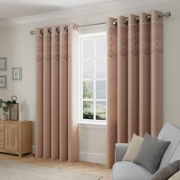 Eyelet Curtains with Embroidered Border - Bronze