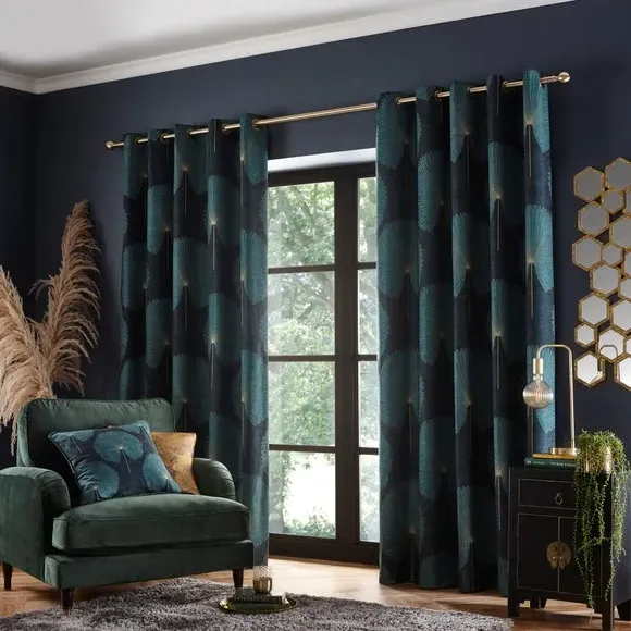 Eyelet Curtains with Fan Design - Green, Chenille