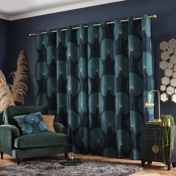 Eyelet Curtains with Fan Design - Green, Chenille