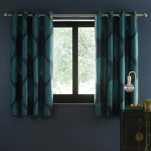 Eyelet Curtains with Fan Design - Green, Chenille