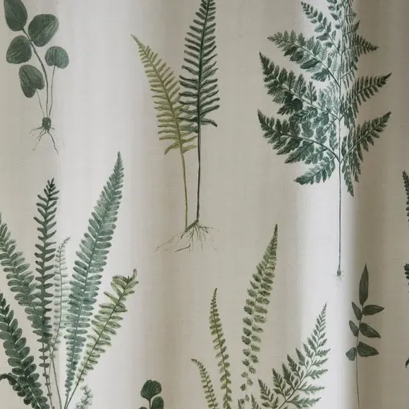 Eyelet Curtains with Fern Print - Green, Cotton