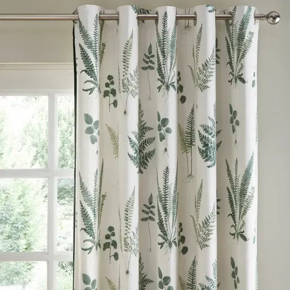 Eyelet Curtains with Fern Print - Green, Cotton image