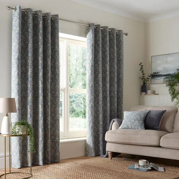 Eyelet Curtains with Floral Pattern - Blue, Chenille