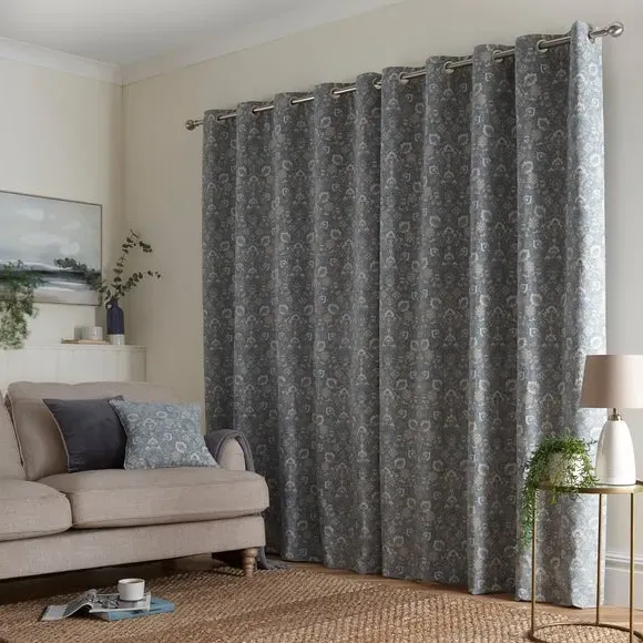 Eyelet Curtains with Floral Pattern - Blue, Chenille