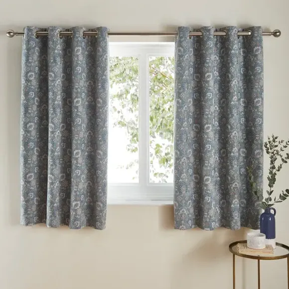 Eyelet Curtains with Floral Pattern - Blue, Chenille