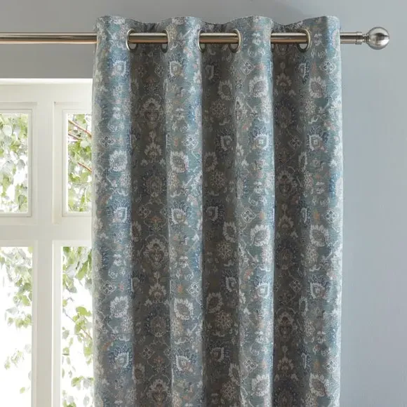 Eyelet Curtains with Floral Pattern - Blue, Chenille image