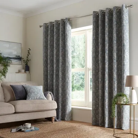 Eyelet Curtains with Floral Pattern - Blue, Chenille