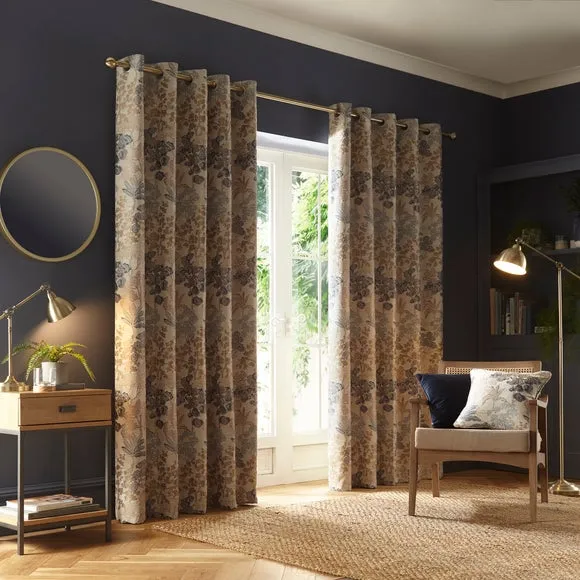 Eyelet Curtains with Floral Pattern - Blue, Jacquard