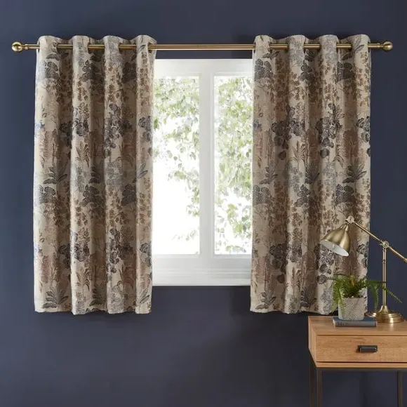 Eyelet Curtains with Floral Pattern - Blue, Jacquard