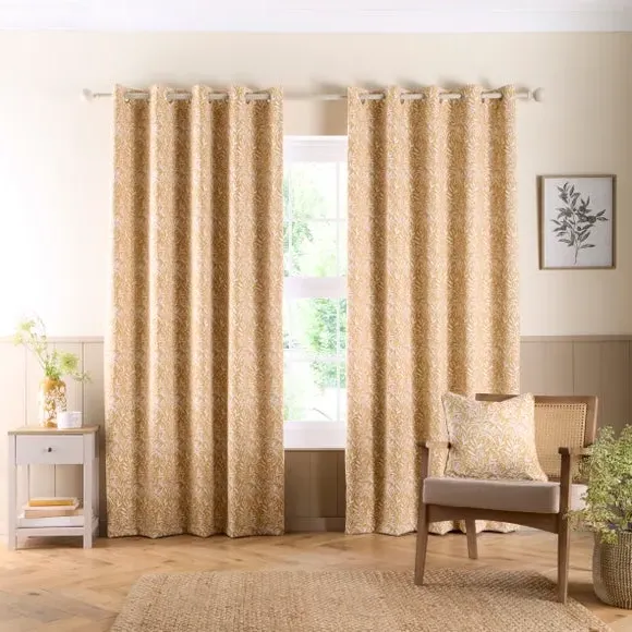 Eyelet Curtains with Floral Pattern - Ochre