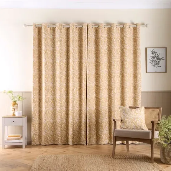 Eyelet Curtains with Floral Pattern - Ochre