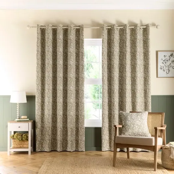 Eyelet Curtains with Floral Pattern - Olive