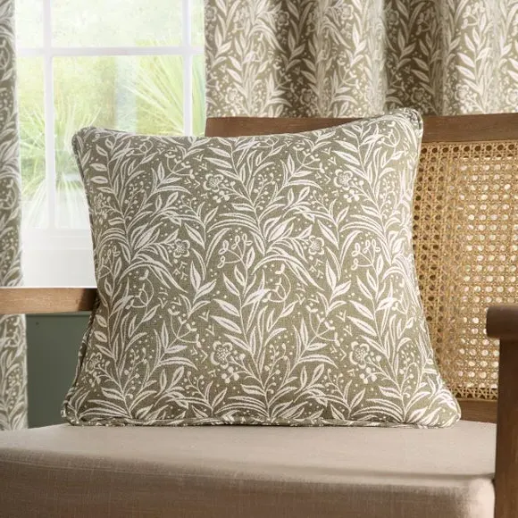 Eyelet Curtains with Floral Pattern - Olive