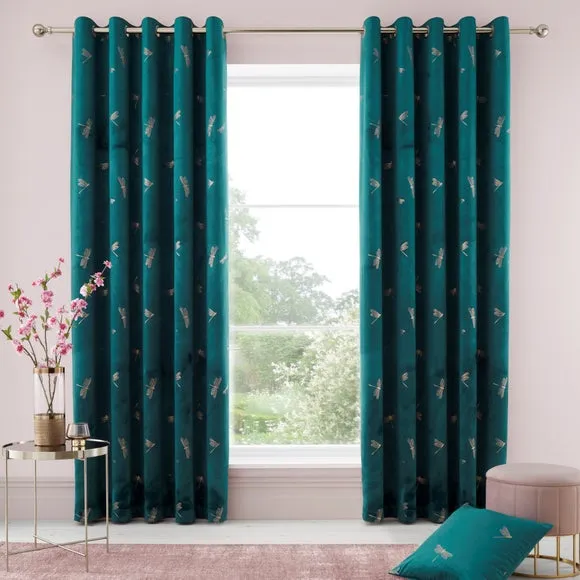 Eyelet Curtains with Foil Design - Blue, Velvet