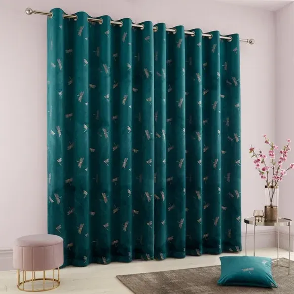 Eyelet Curtains with Foil Design - Blue, Velvet