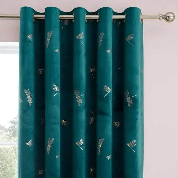 Eyelet Curtains with Foil Design - Blue, Velvet image