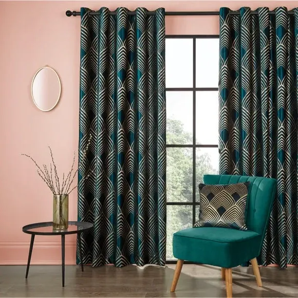 Eyelet Curtains with Foil Print - Peacock, Velvet