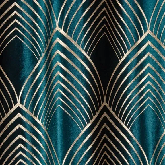 Eyelet Curtains with Foil Print - Peacock, Velvet
