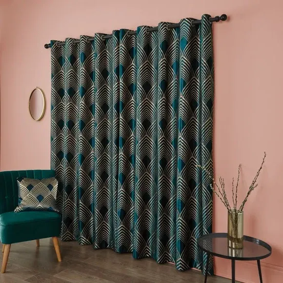 Eyelet Curtains with Foil Print - Peacock, Velvet