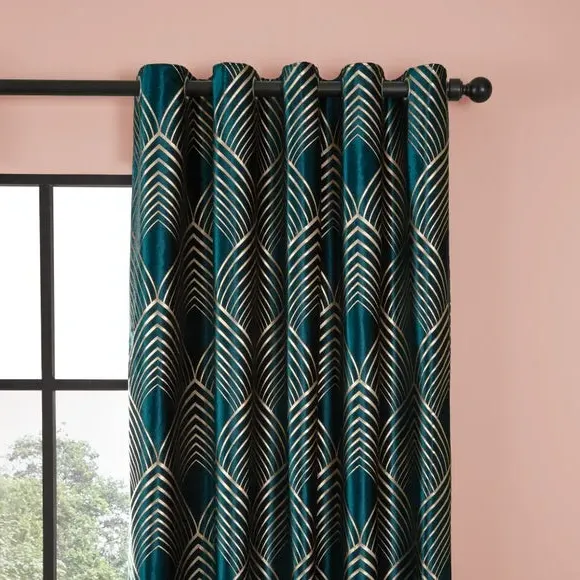 Eyelet Curtains with Foil Print - Peacock, Velvet image