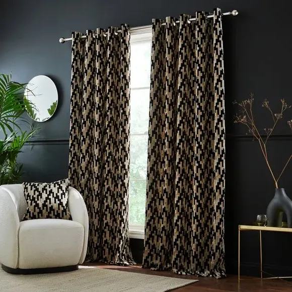 Eyelet Curtains with Geometric Design - Black, Velvet