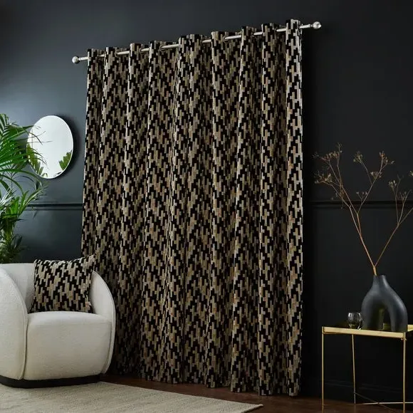 Eyelet Curtains with Geometric Design - Black, Velvet