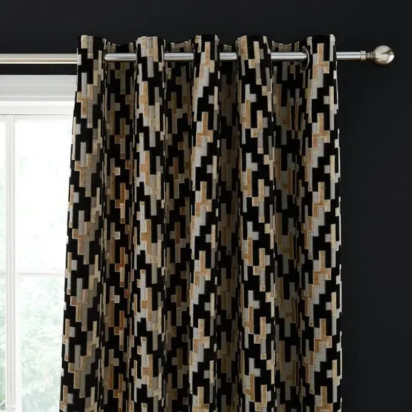 Eyelet Curtains with Geometric Design - Black, Velvet image