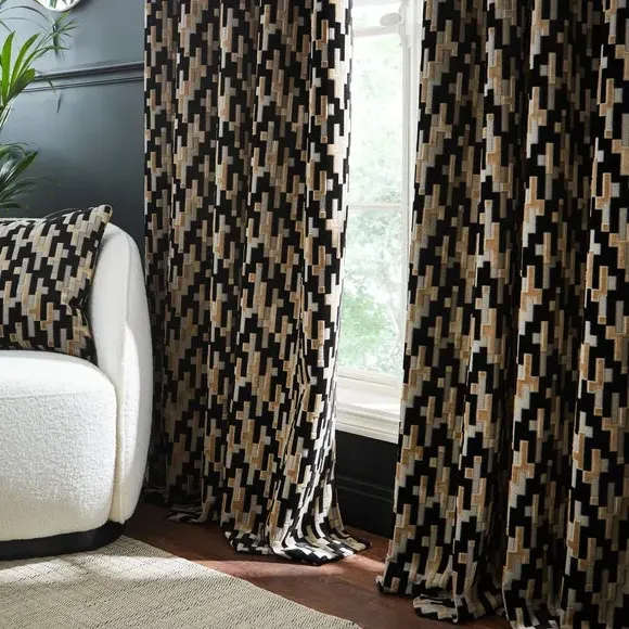 Eyelet Curtains with Geometric Design - Black, Velvet