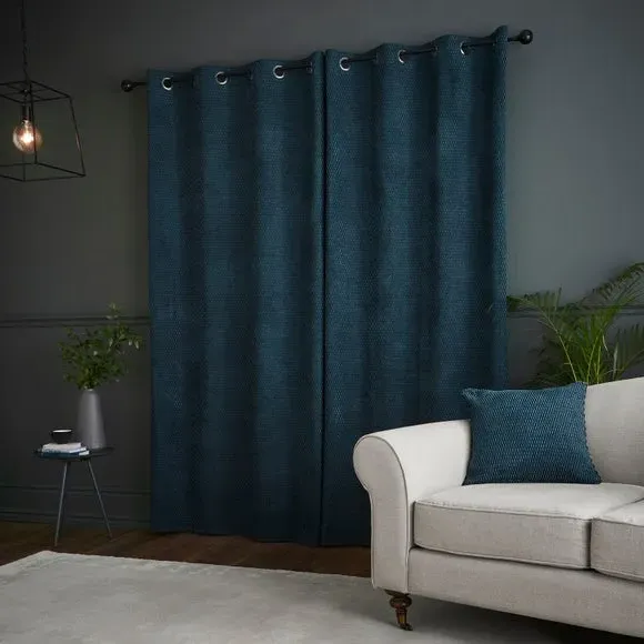 Eyelet Curtains with Geometric Design - Teal, Chenille