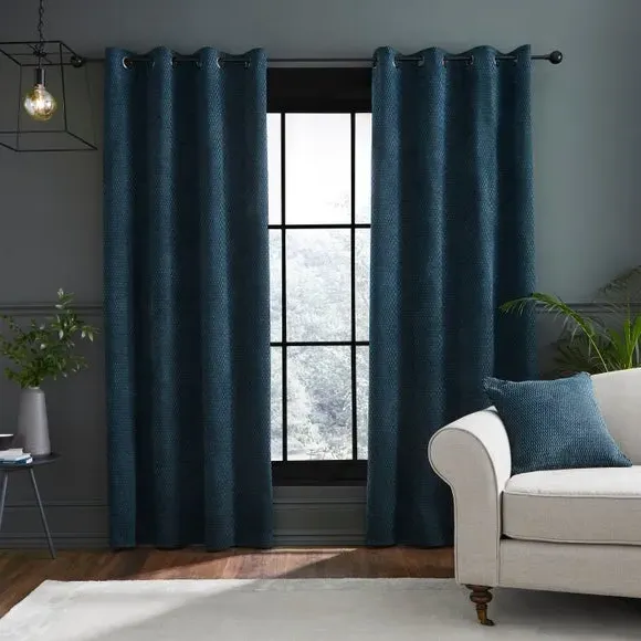 Eyelet Curtains with Geometric Design - Teal, Chenille