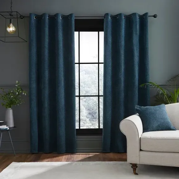 Eyelet Curtains with Geometric Design - Teal, Chenille