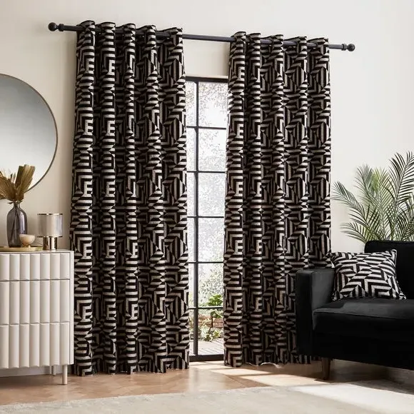 Eyelet Curtains with Geometric Pattern - Black
