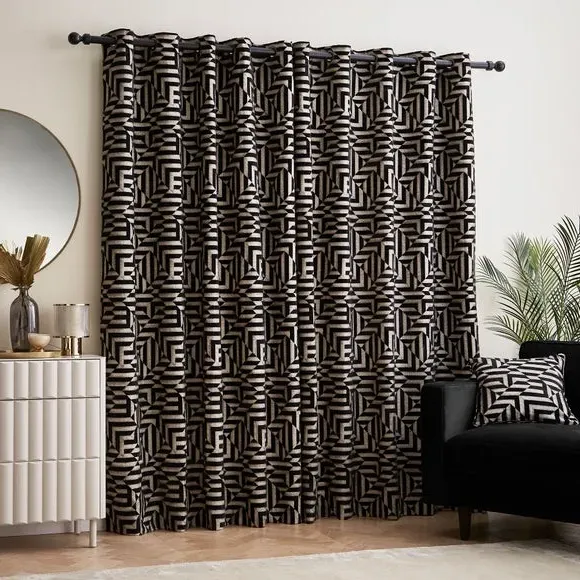 Eyelet Curtains with Geometric Pattern - Black