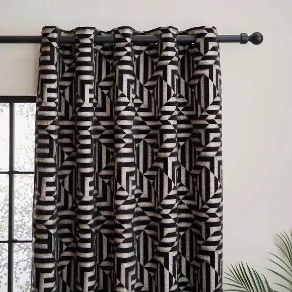 Eyelet Curtains with Geometric Pattern - Black