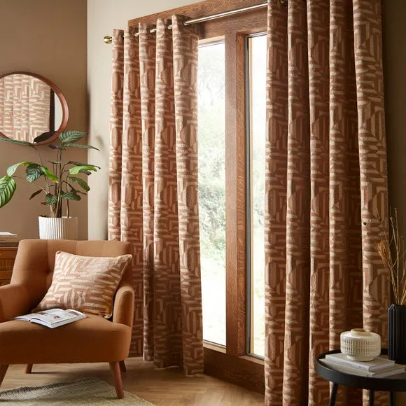 Eyelet Curtains with Geometric Pattern - Caramel