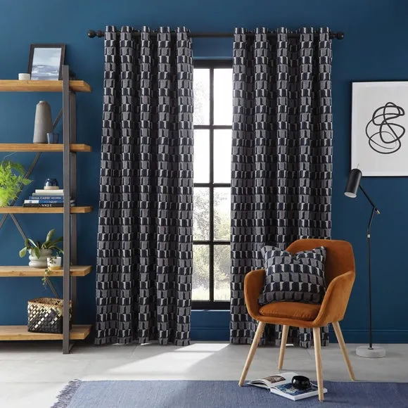 Eyelet Curtains with Geometric Pattern - Navy