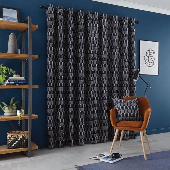 Eyelet Curtains with Geometric Pattern - Navy