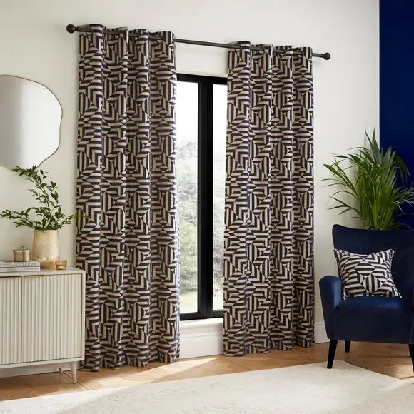 Eyelet Curtains with Geometric Pattern - Navy