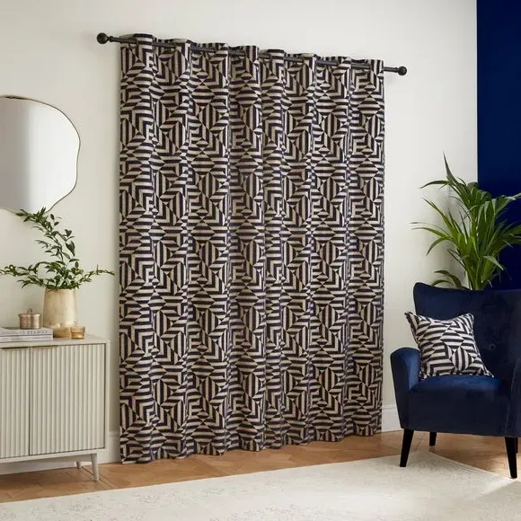 Eyelet Curtains with Geometric Pattern - Navy