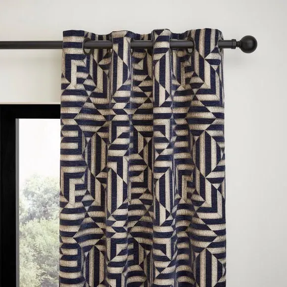 Eyelet Curtains with Geometric Pattern - Navy