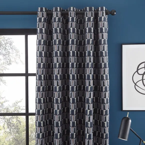 Eyelet Curtains with Geometric Pattern - Navy