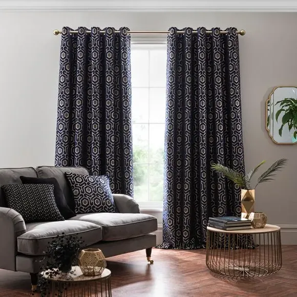 Eyelet Curtains with Geometric Pattern - Navy, Velvet