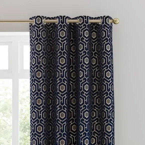 Eyelet Curtains with Geometric Pattern - Navy, Velvet image